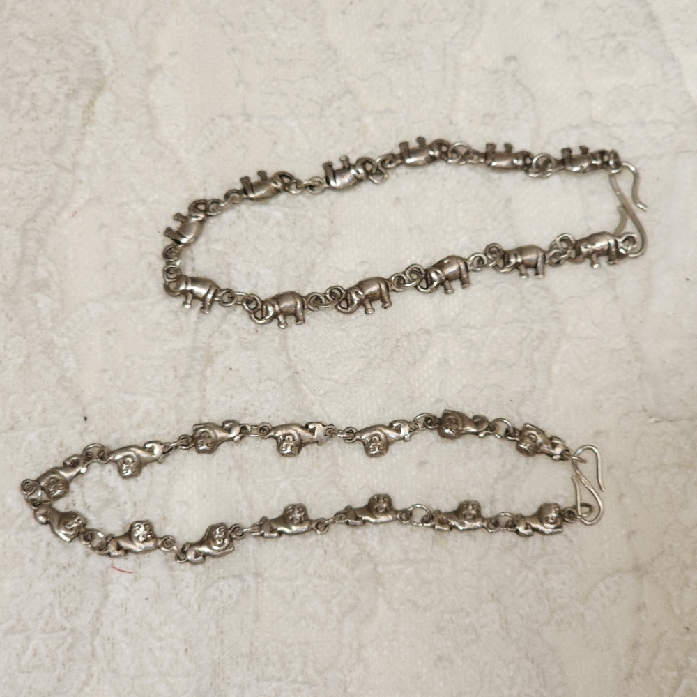 Set Of 2 Elephant and Lion Chain Link Charm Bracelets